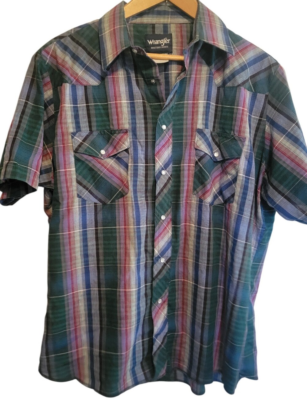 Vintage 90s Wrangler Western Short Sleeve Pearl Snap Green Pink Plaid Shirt XL